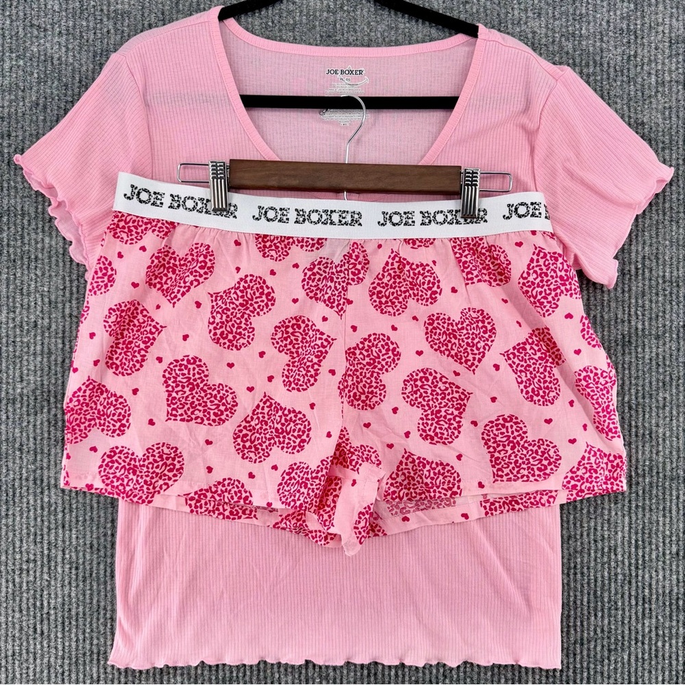 Joe Boxer Y2K Pink Sleepover Pajama Set XL Heart Shorts Lettuce Trim Ribbed Tee